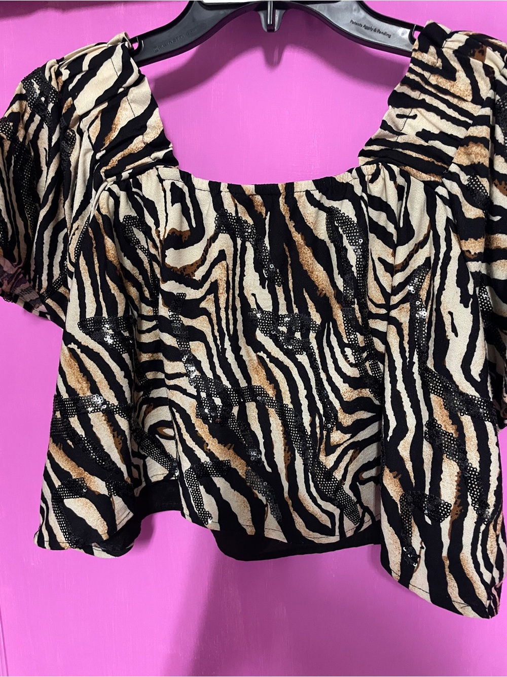 QUEEN OF SPARKLES Black and Cream Zebra Sequin Blouse - Picture 3 of 5